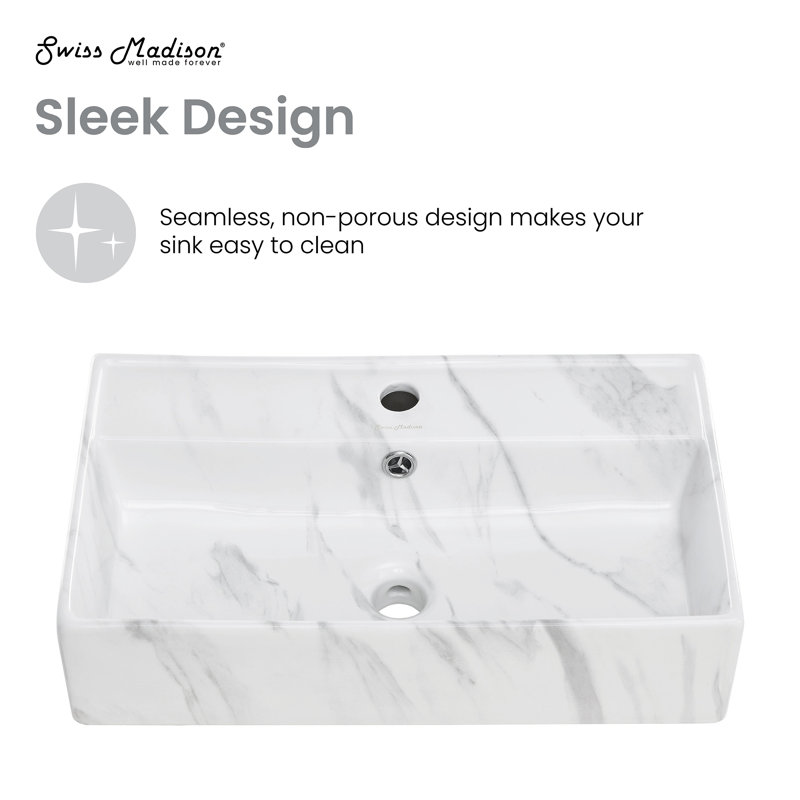 Claire 22" Rectangle Wall-Mount Bathroom Sink in White Marble, White Marble