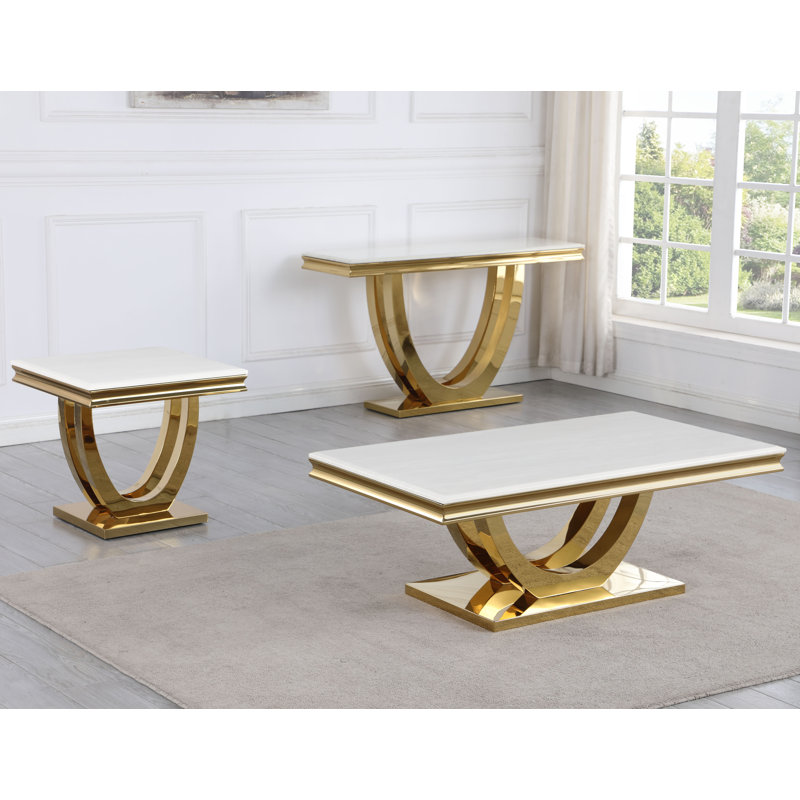 Rectangular White Marble Coffee Table with Gold Metal Base