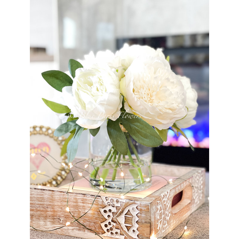 Rose Peony Arrangement, Artificial Faux Table Centerpiece, White