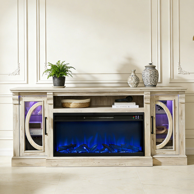 Crescent 80 Inch TV Fireplace Stand, 36" Electric Fireplace Farmhouse LED Entertainment Unit With Glass Door - Antique Brush White