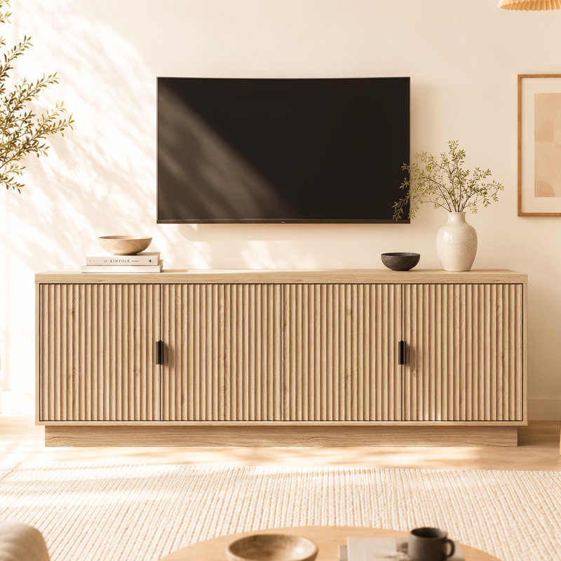 68"W Fluted TV Stand for TVs up to 75" with 4 Doors, Adjustable & Removable Shelves and Cable Management, Natural