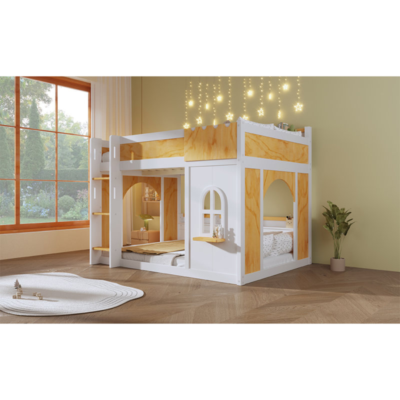 Lit superposé double au-dessus de double avec tablettes de rangement, fenêtre et deux portes, blanc et naturel, Full