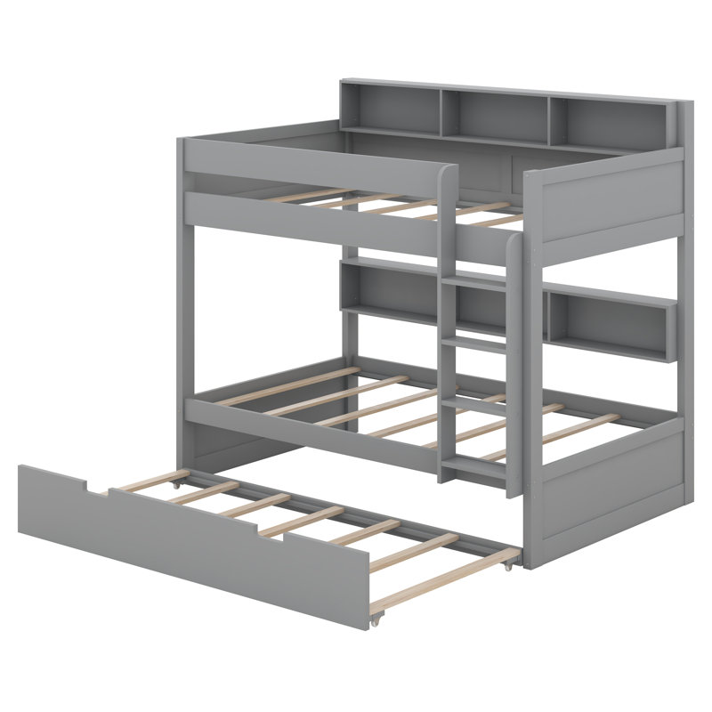 Lit superposé avec rangement et lit gigogne, structure de lit superposé en bois peu encombrante avec tablettes de chevet