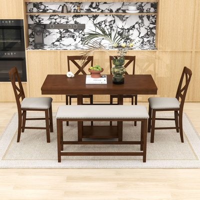 Ensemble de table de salle à manger extensible 6 pièces avec rallonge amovible, tablettes de rangement, chaises rembourrées et banc