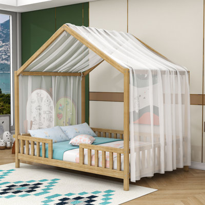 Enchanting Montessori Wooden House-Shaped Bed With Canopy