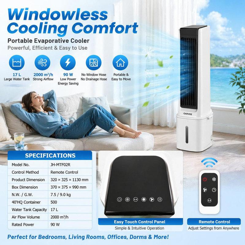Refroidisseur d'air par évaporation portable blanc et noir - 3 vitesses, télécommande, réservoir de 1 600 ml, minuterie 2/4 / 8H pour bureau de chambre à coucher