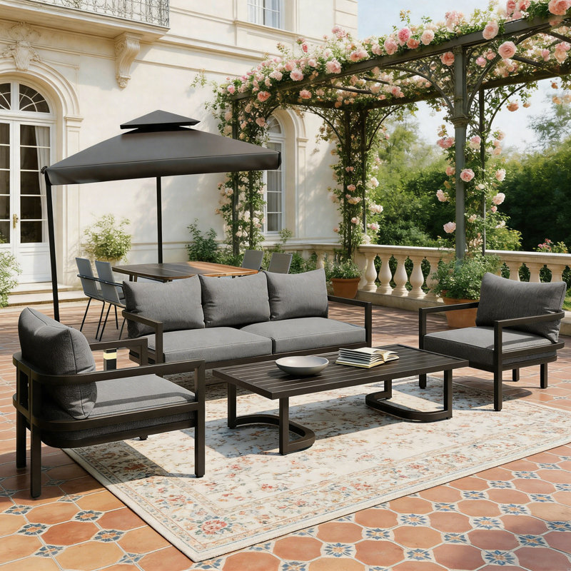 Ensemble de canapé d'extérieur multi-personnes en acier avec table basse - Coussins de patio imperméables, résistants aux rayons UV et antirouille