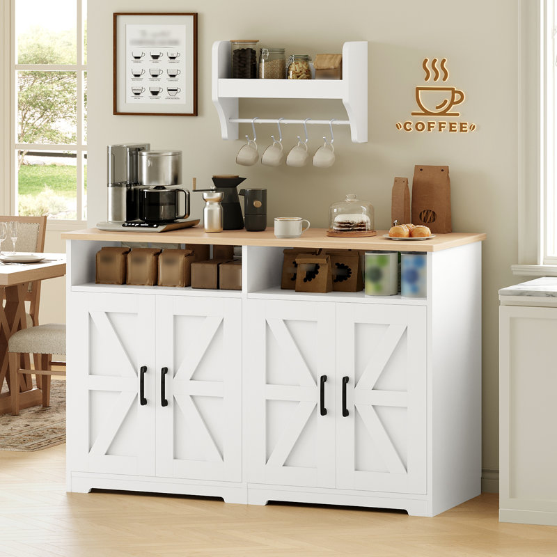 Îlot de cuisine avec rangement et crochets Coffee Bar,  White and Natural