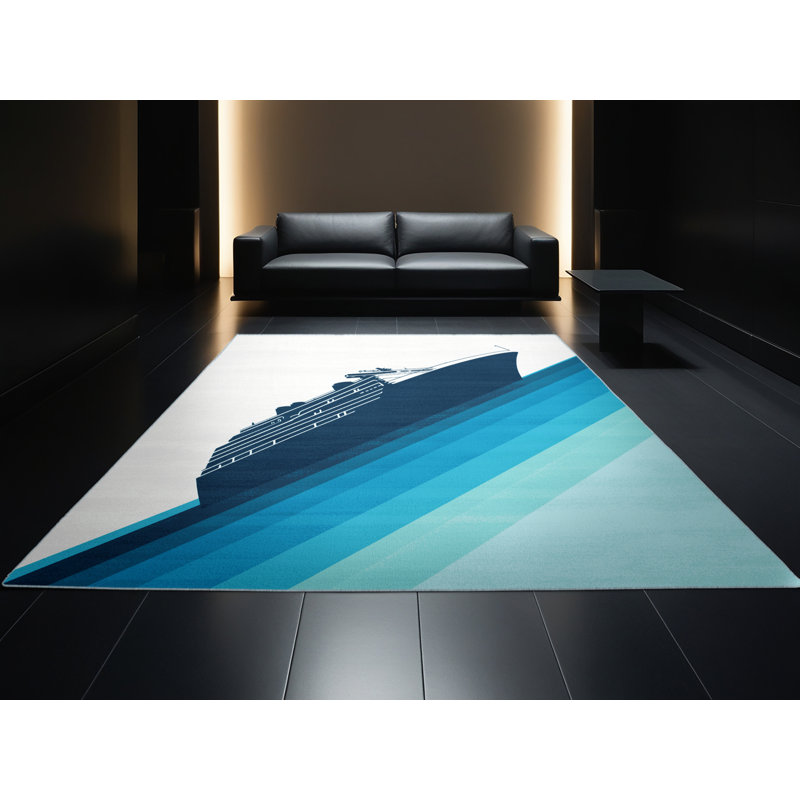 Machine Washable Kendari Modern Cruise Ship Modern Rug in Blue – SkyBlue Binding, 5x8