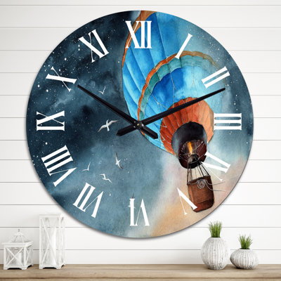 Horloge murale en forme de montgolfière bleue dans la nuit étoilée