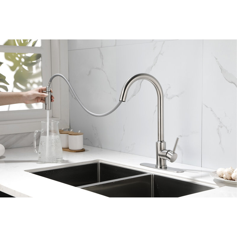 Kitchen Faucet With Pull Down - Brushed Nickel Look, Stainless Steel Build, 360 Rotating Nozzle For Convenient Water Access, Single Handle Temperature And Flow Regulation, Corrosion Coating Pull-Down