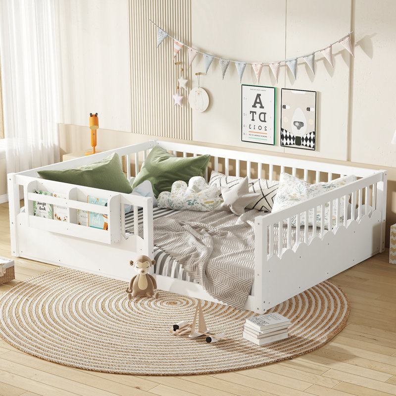 Queen Floor bed with Heightened Fence and bookshelf, White