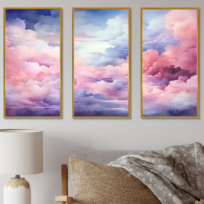 Rose et bleu pastel coloré ciel I - art mural ciel, Cadre flottant doré, H 32 po x l 48 po x P 1 po