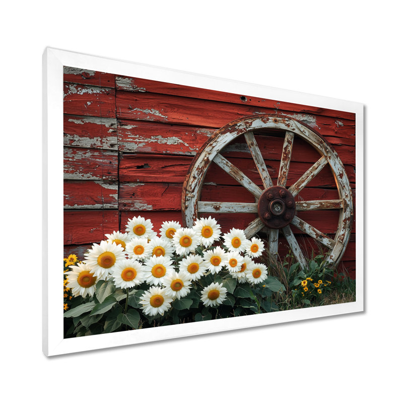 Craighead Countryside Sunflowers By The Wagon Wheel - Art mural tournesols, H 34 po x l 44 po, Floater Framed, Blanc