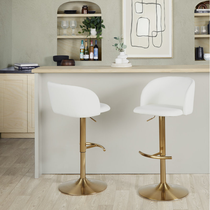 Tabourets de bar réglables Terrance avec repose-pieds arrondi en T, Or, Blanc