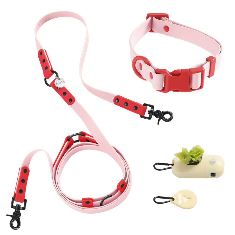Laisse ajustable mains libres et collier 6-en-1 avec lampe DEL Luna 8 pi, Rose/rouge
