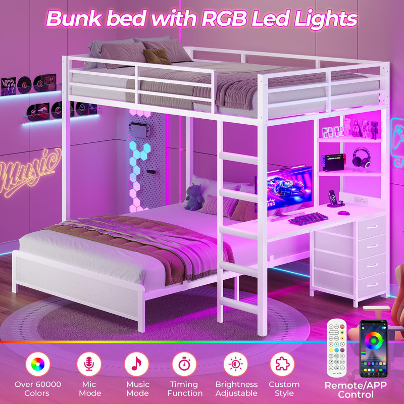 Bunk Bed With Desk, Full Over Full Bunk Beds With Charging Station And Led Lights, 4 Storage Drawers And 2 Open Storage Shelves, White