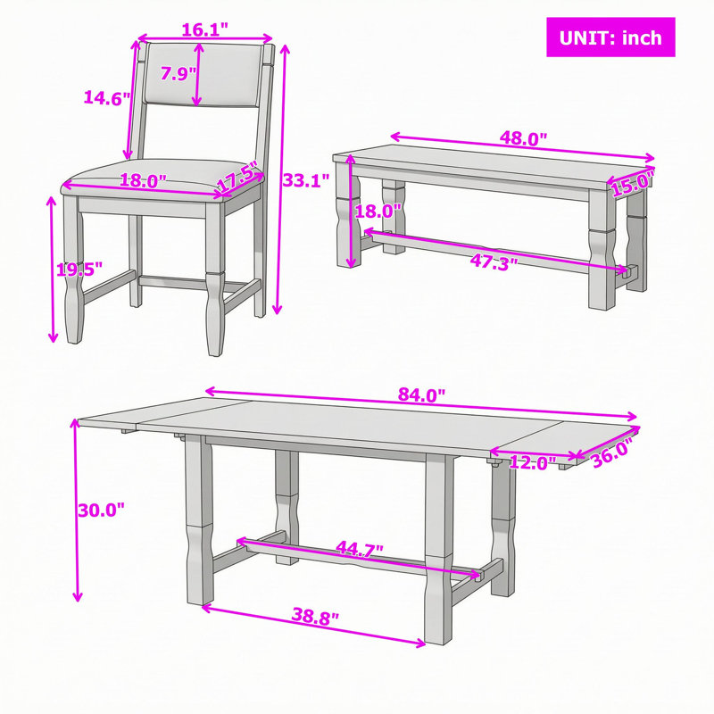 Ensemble de salle à manger rectangulaire de 6 pièces avec table extensible, 2 rallonges amovibles, quatre chaises rembourrées et banc