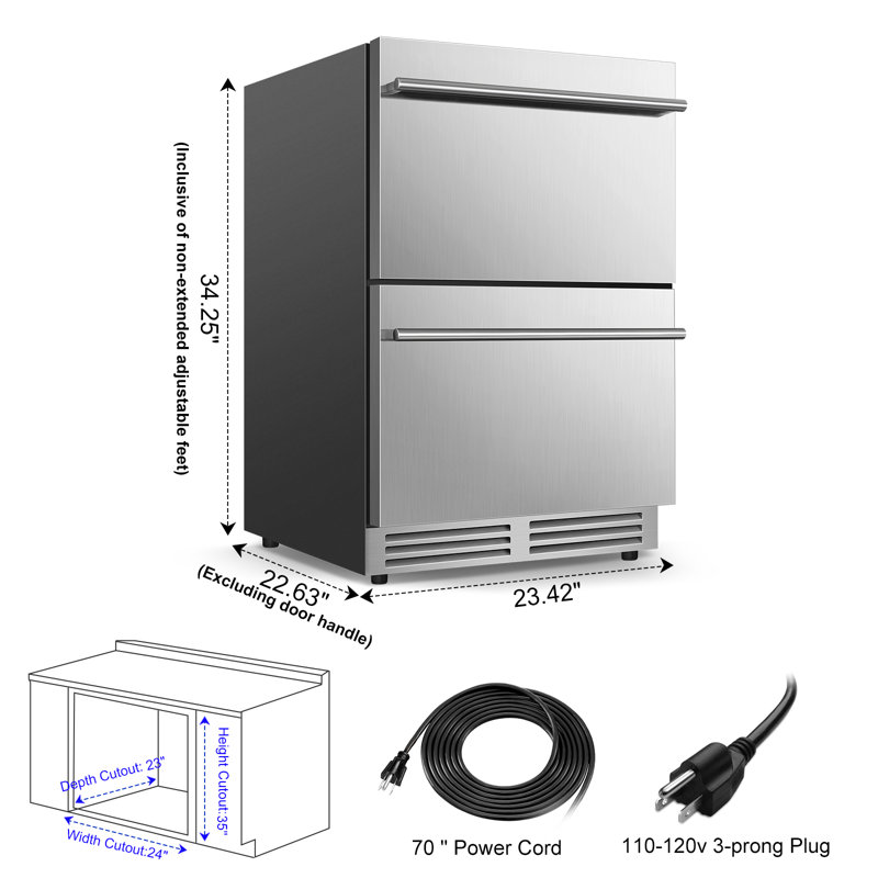 24 Inch Beverage Refrigerator Freestanding or Built-In Drawer Cooler Fridge Under Counter with LED Light and 2 Grid Organizer Classic Series