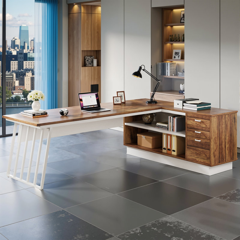 71" L-shaped Executive Desk With Drawers And Storage Shelves, Rustic Brown/White