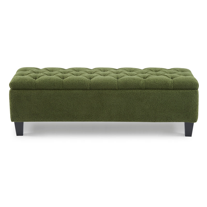 51 Inch Boucle Ottoman Bench with Storage, 300 LB Capacity, Rubber Wood Legs, Multi-Functional Footrest, Green
