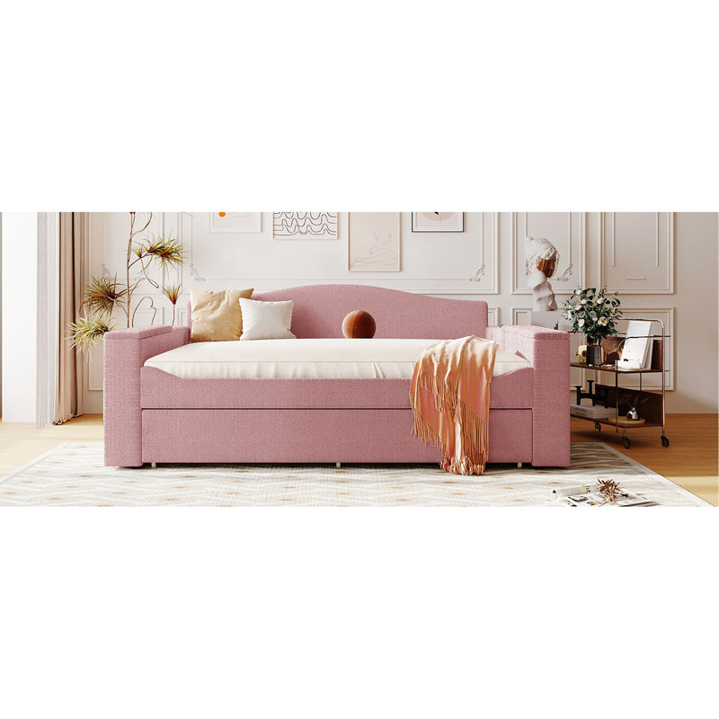 Pink Upholstered Daybed With Storage Space And Trundle, Music Player In Armrest Areas Extendable Audio Hub, Full, Pink