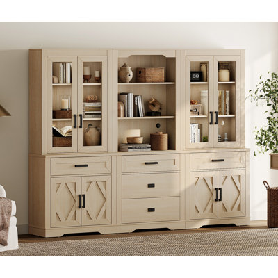 Ensemble de bibliothèque à 3 colonnes, bibliothèque à 5 niveaux avec rangement ouvert et portes en verre, bibliothèque en bois de 73 po de hauteur avec armoire de rangement et tiroirs pour bureau, chambre à coucher, salon, beige