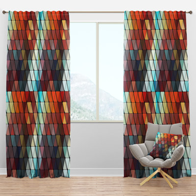 3D Diamond Shaped Geometry in Shades of Blue and Red - Modern Velvet Curtain - 1 panel