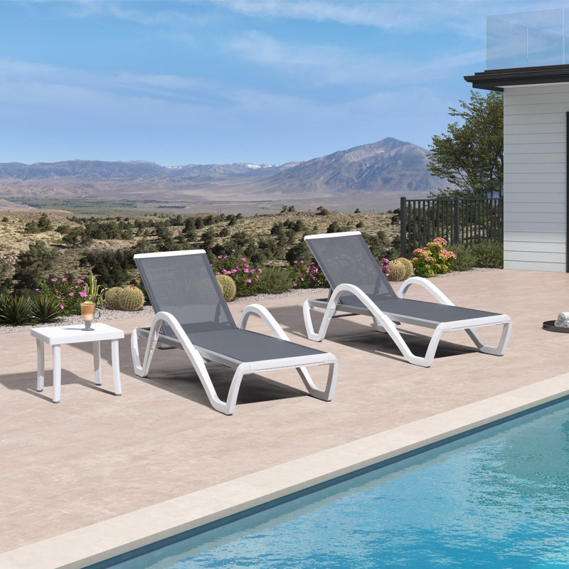 Patio Chaise Lounge Chair Set Includes 2 Outside Aluminum Plastic Stackable Tanning Chairs With Armrests And 1 Side Table