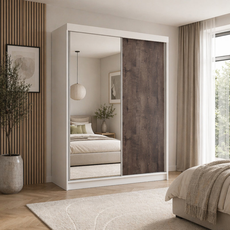 Modern 2 Door Sliding Wardrobe, White/Walnut