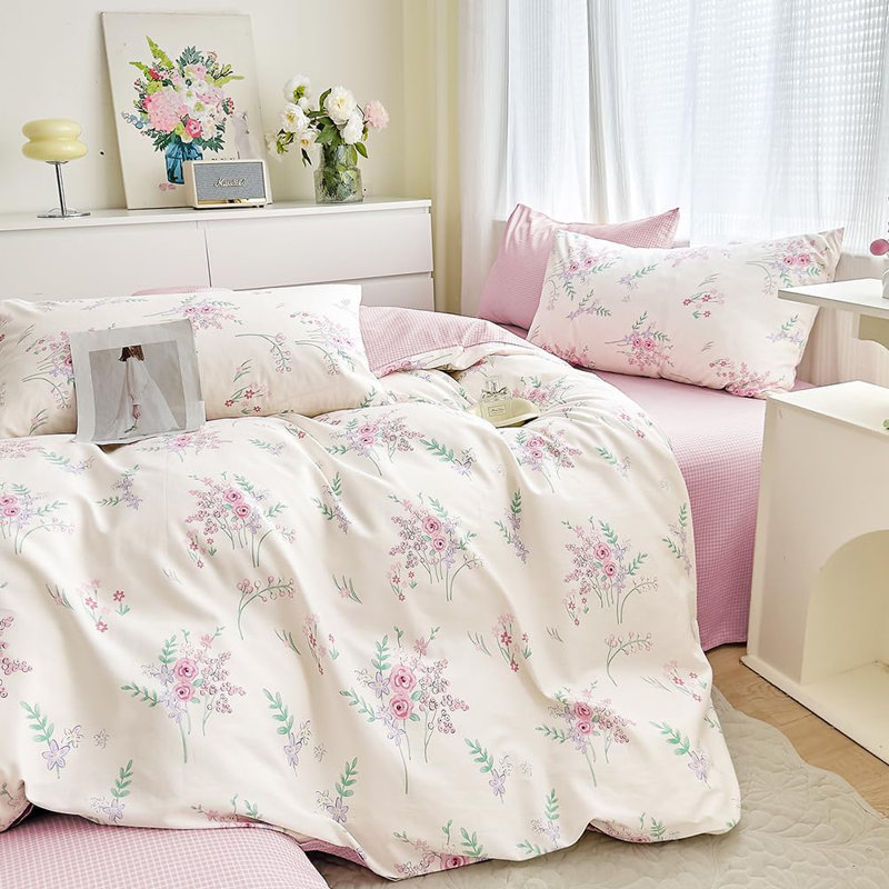 Ensemble de housse de couette 100% coton à double motif floral rose et mauve réversible avec fermeture à glissière