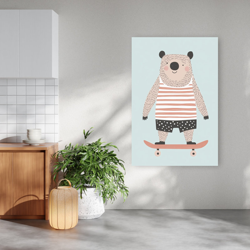 Cute Bear On Skateboard Playful Contemporary Bear Summer Wall Art Print 1 Piece Wrapped Canvas Wall Art