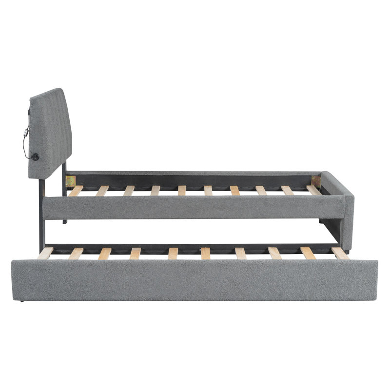 Lit plateforme tapissier simple avec lit gigogne Teddy, Gris