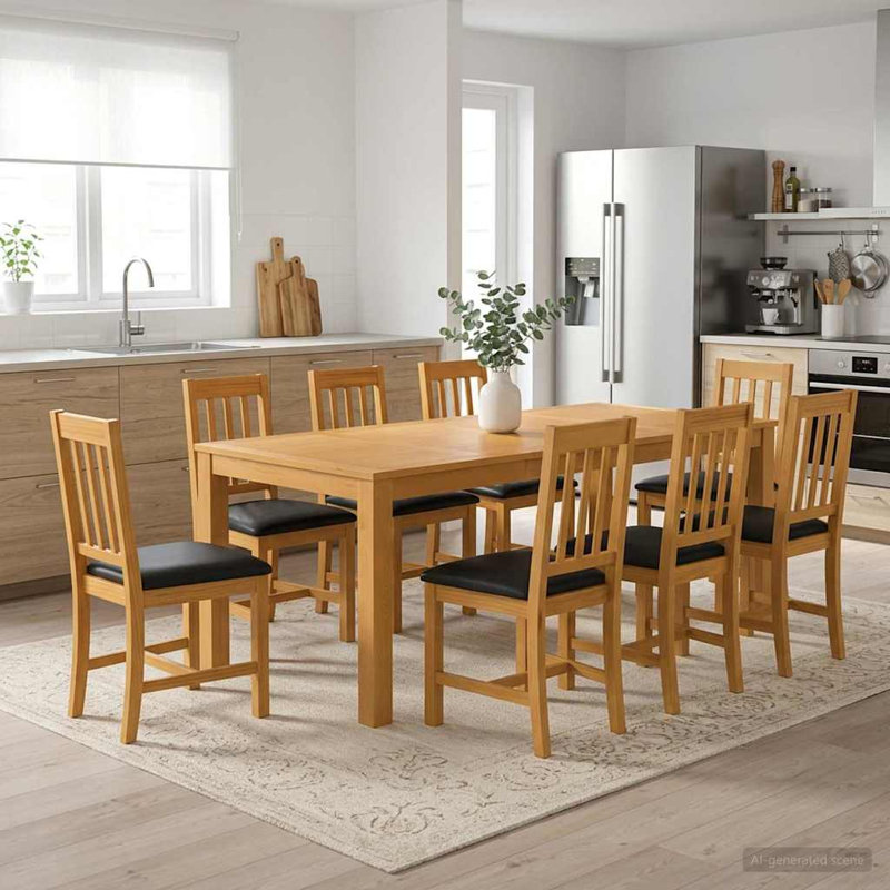 Solid Oak Dining Set, 75cm H x 200cm W x 100cm D, 9