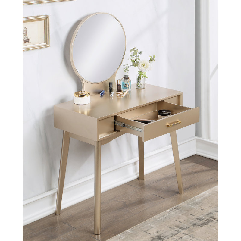 Contemporary Wood Vanity And Stool Set, Gold, Gold