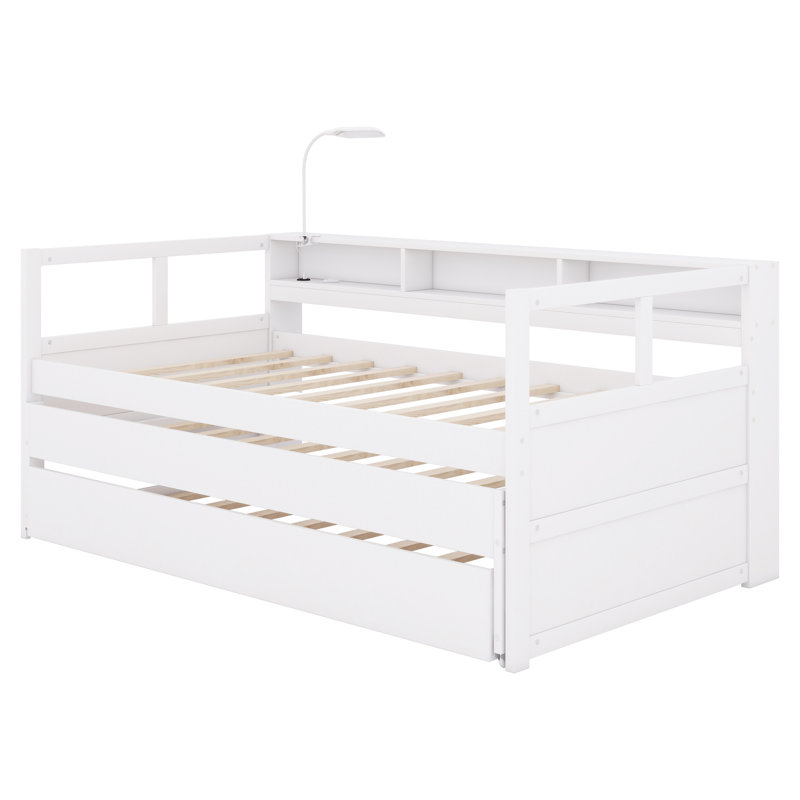 Vroman Twin XL Wooden Daybed with Trundles, Storage Cubbies, Light for Free and USB Charging, Beige