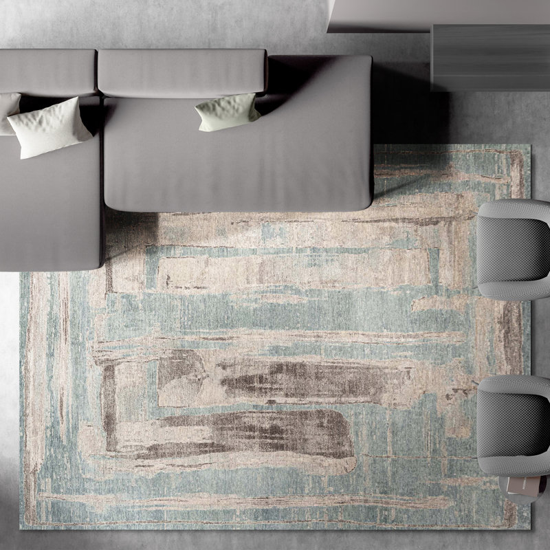 Hand Knotted Abstract Area Rug in Blue/Charcoal/Beige, Rectangle 12' x 15'