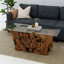 Modern Woodland Rectangular Coffee Table Handcrafted Teak Root and Branch Design with Tempered Glass
