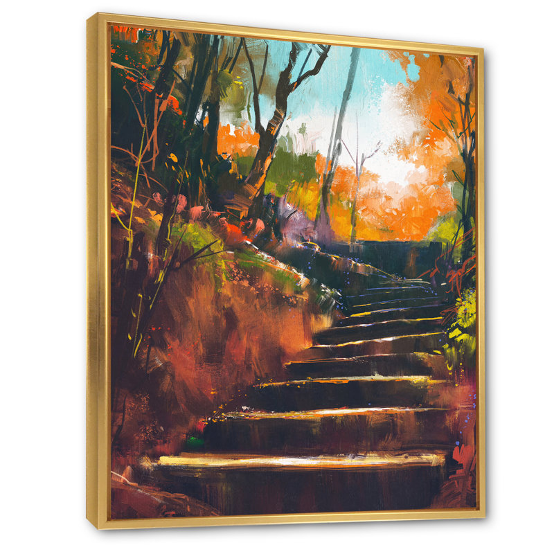 Stone Stair Path In Autumn Forest - reproduction d'art sur toile traditionnelle, H 33 po x l 16 po, Cadre doré
