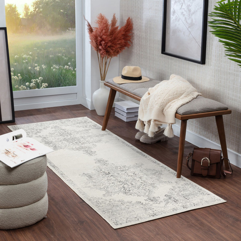 Off White Traditional Rug, Bordered Floral Stain Resistant Rug For Living Room, Dining Room, Bedroom, Rectangle 140 x 200 cm