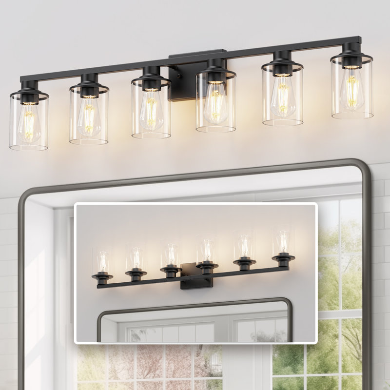 6 - Light Industrial Bathroom Vanity Light, 6 Lights, Matte Black, 8.7" H x 40.35" W x 5.27" D