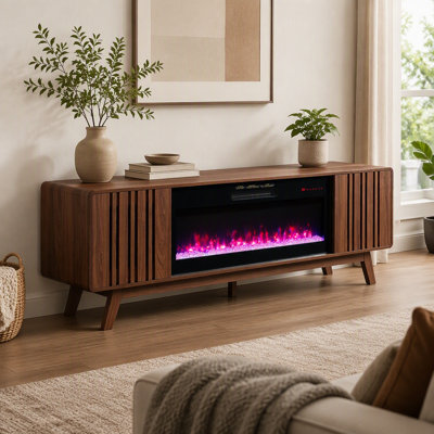 Meuble télé électrique moderne de style Mid-Century Modern en noyer de 198 cm (78 pouces), console multimédia en MDF, verre trempé et acier inoxydable, pour téléviseurs jusqu'à 216 cm (85 pouces), avec chauffage de 1400 W, 16 couleurs de flamme, rangement et télécommande.