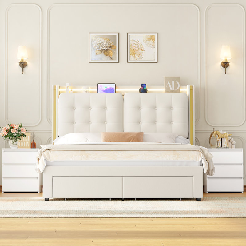 Ensemble de chambre à coucher 3 pièces, lit de rangement avec port de charge, 2 tables de chevet, Grand