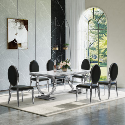 Modern Dining Set with Faux Marble Tabletop and Upholstered Chairs – Stainless Steel Legs