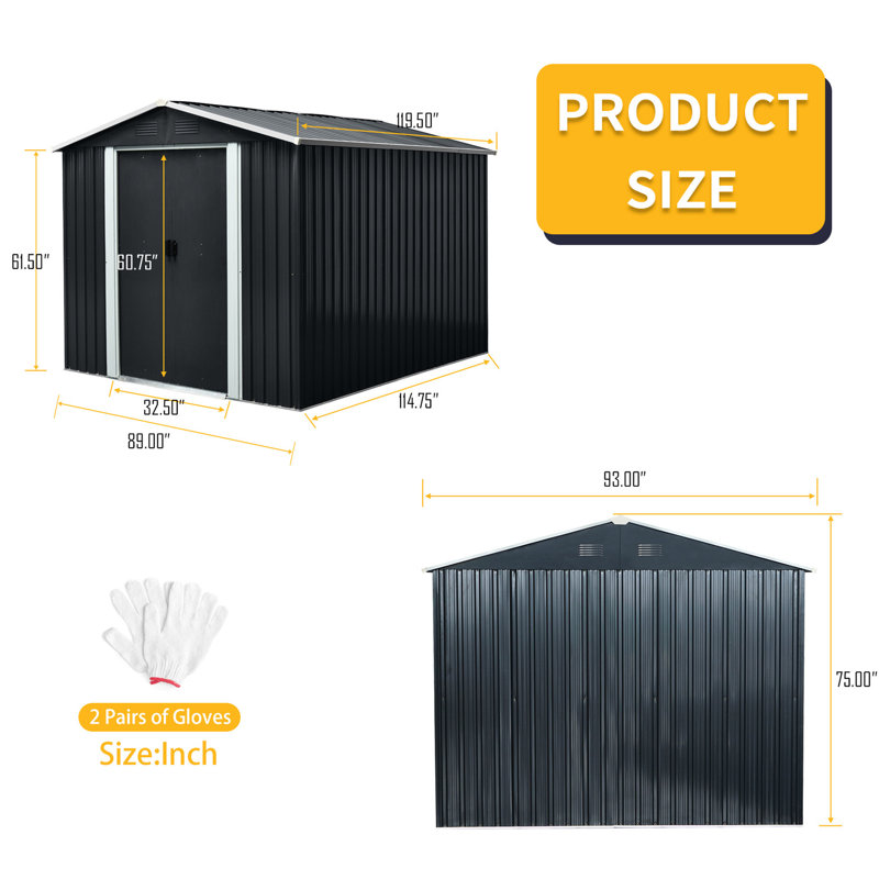 8ft X 10ft Black Outdoor Metal Shed With Galvanized Iron Frame - Construction, Punched Vents, Padlockable Sliding Doors, Easy To Assemble Shed, Construction For Stability, Vents Proper Air