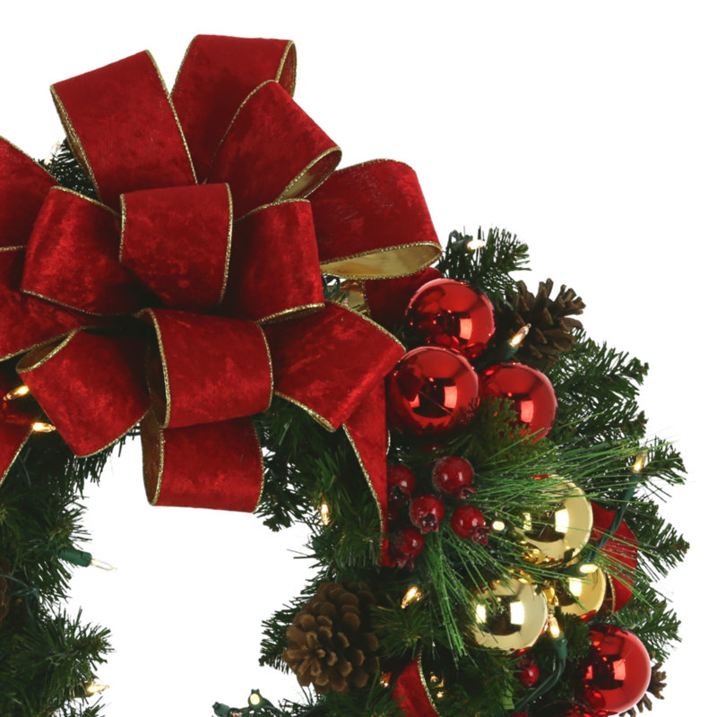 26" LED Lit Evergreen Holiday Wreath With Berries And Ornaments