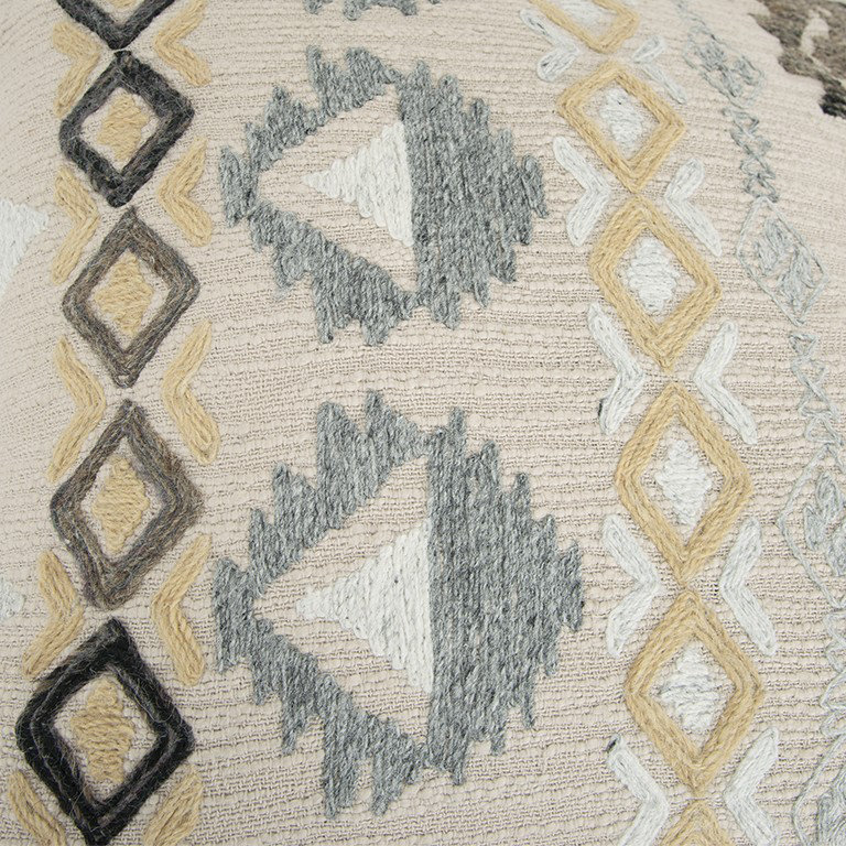 24" Beige and Gray Embroidered Cotton Square Throw Pillow