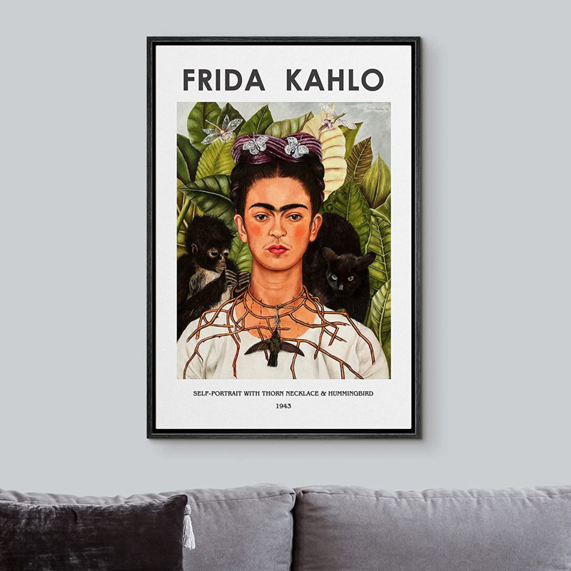Art mural classique IDÉE4WALL, reproduction d'art sur toile, autoportrait, collier et colibri par Frida Kahlo, Noir