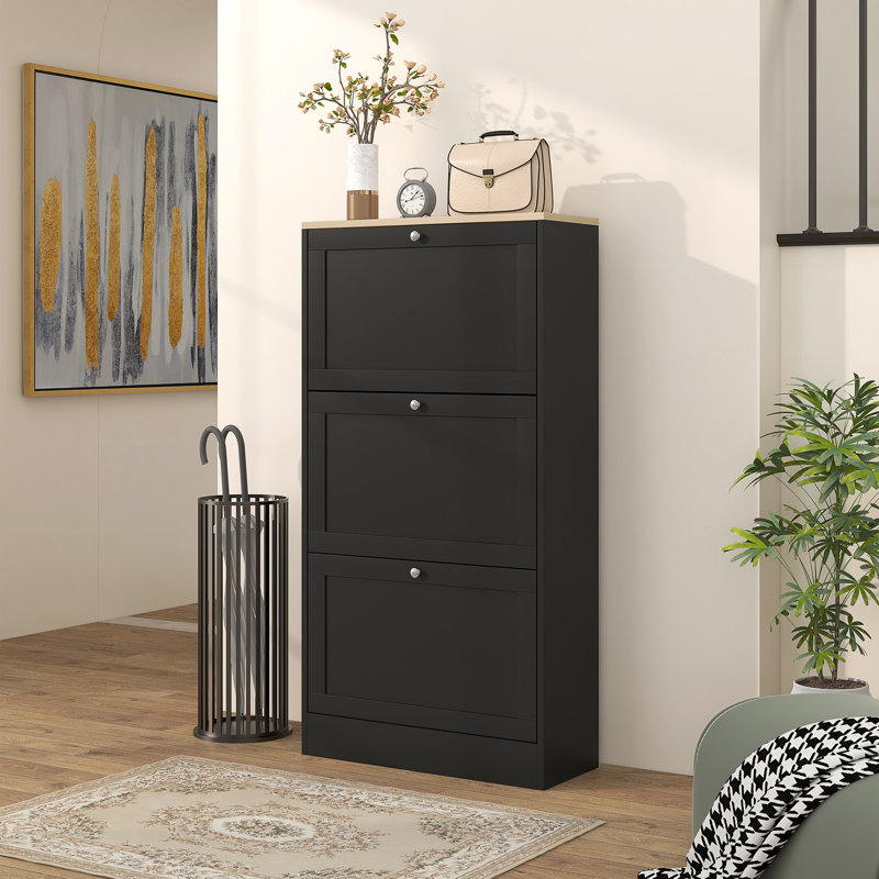 HOMCOM Shoe Cabinet with 3 Flip Drawers, Narrow Slim Shoe Rack, Black