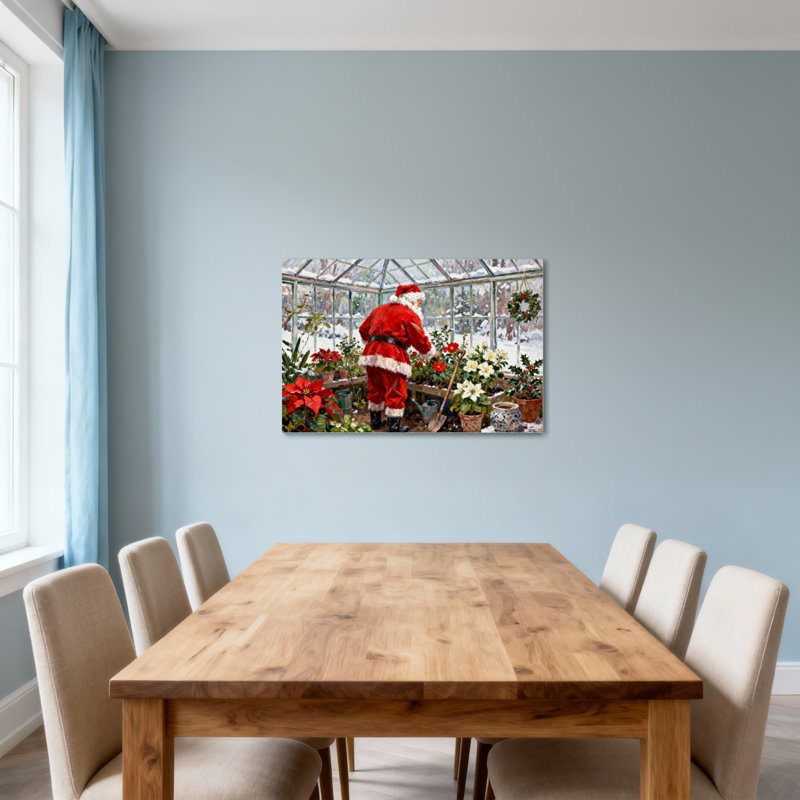 Père Noël dans une serre avec des fleurs et des plantes, H 28 po x l 40 po